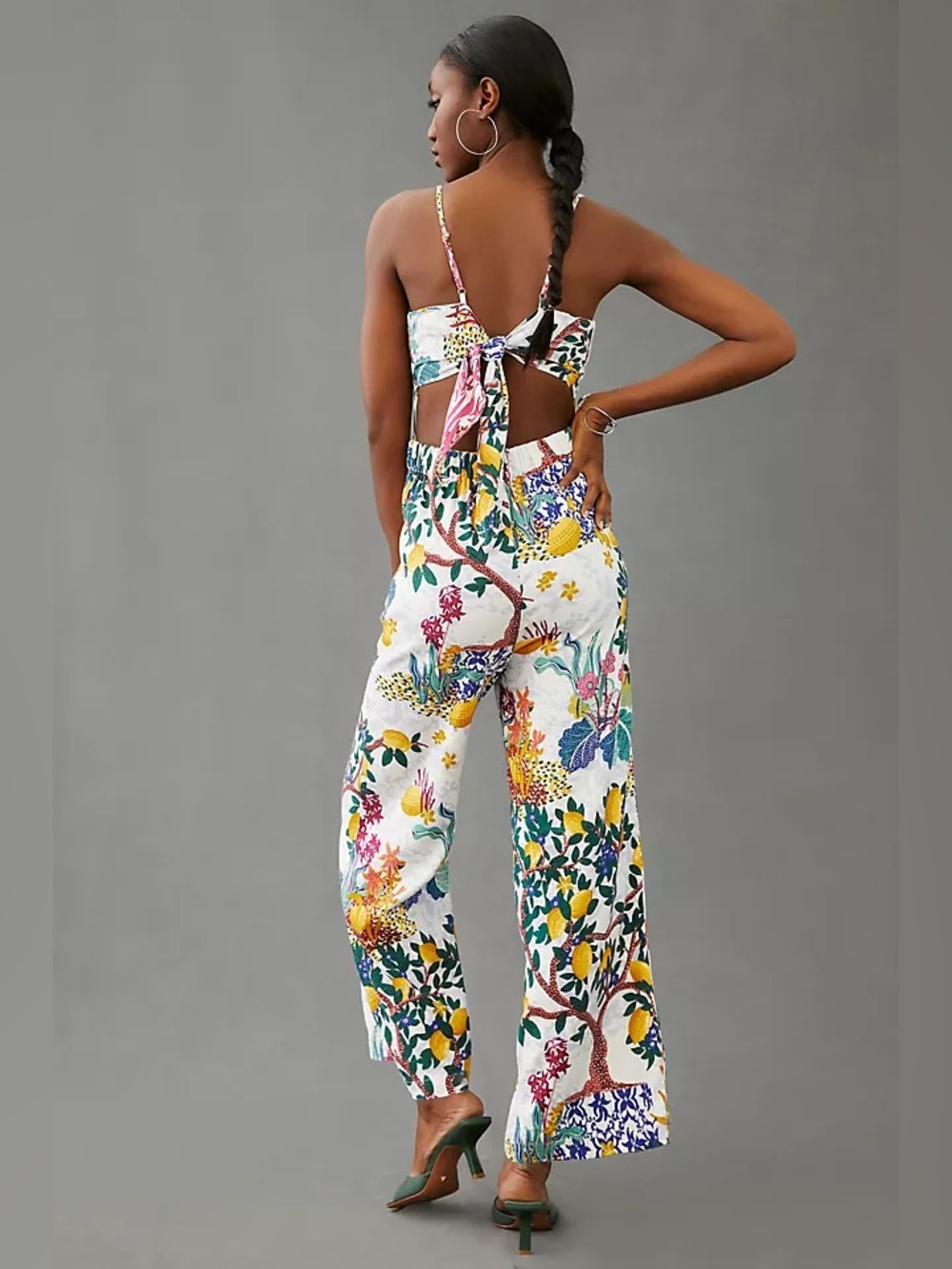 Maeve Anthropologie Botanical Lemon Print Cutout Wide Leg Jumpsuit 6 Maximalist - Picture 2 of 16